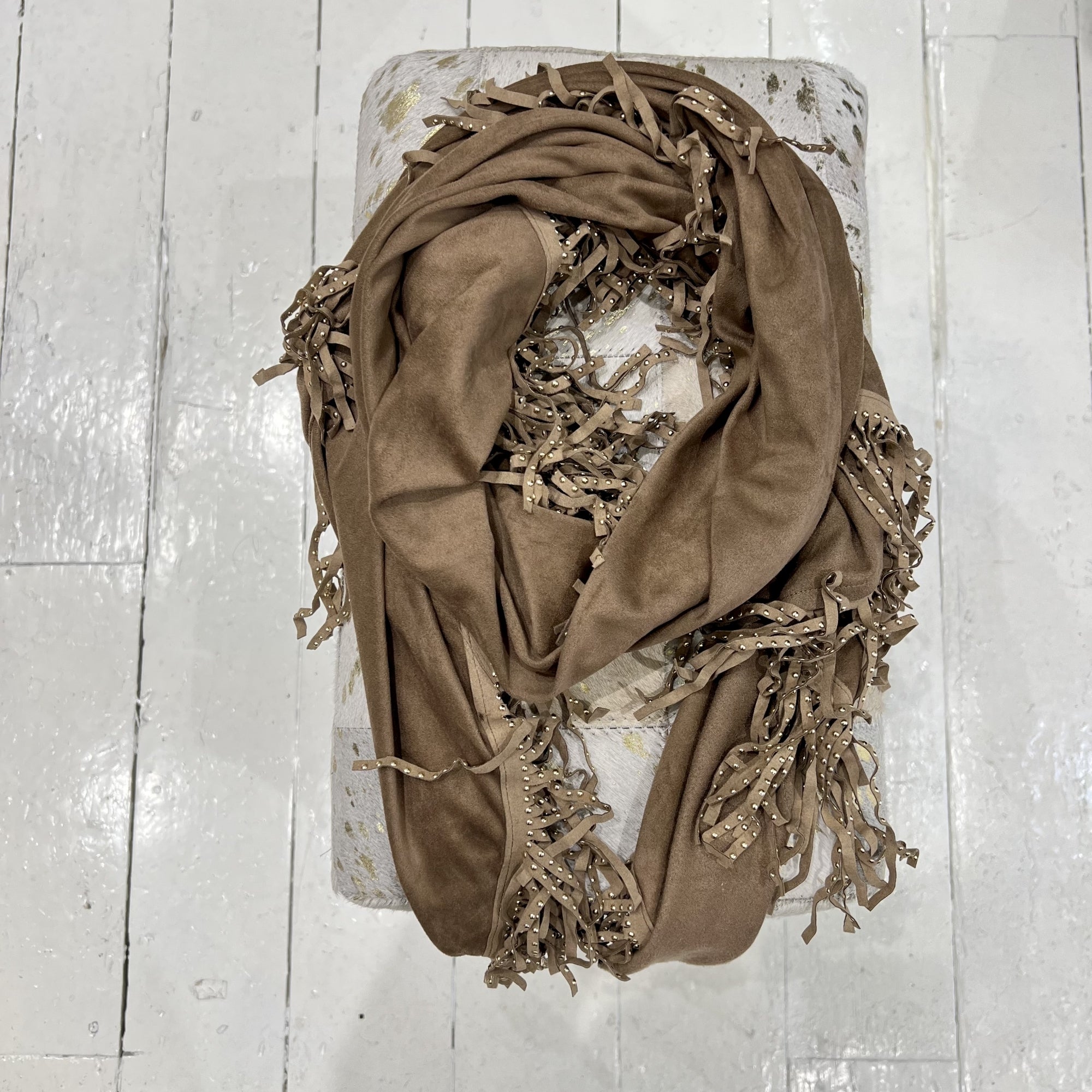 Rapha tan studded fringe suedette wrap