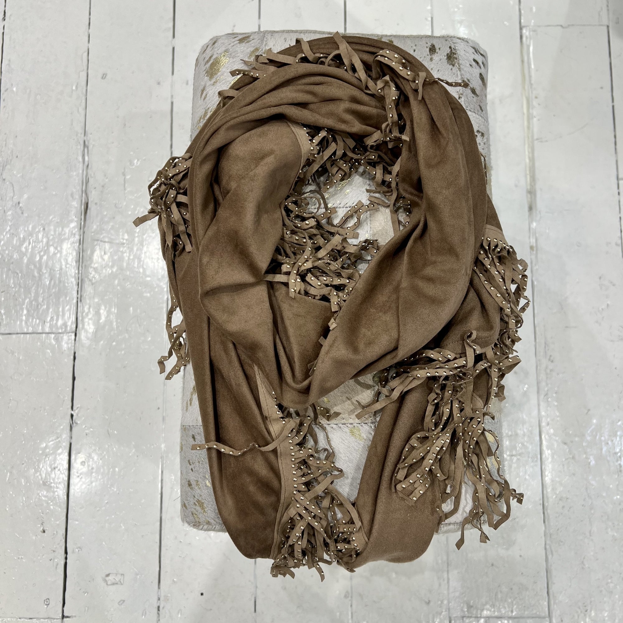 Rapha tan studded fringe suedette wrap