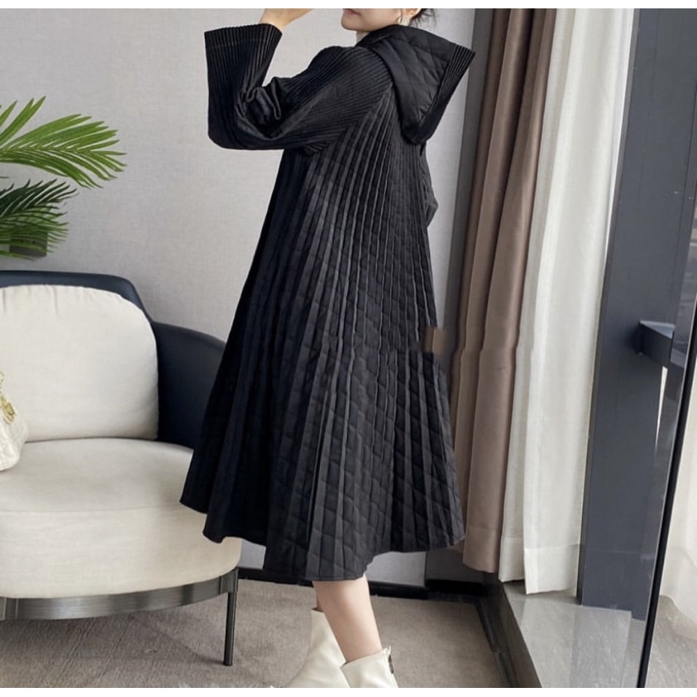 Orla black midi length pleated hooded coat