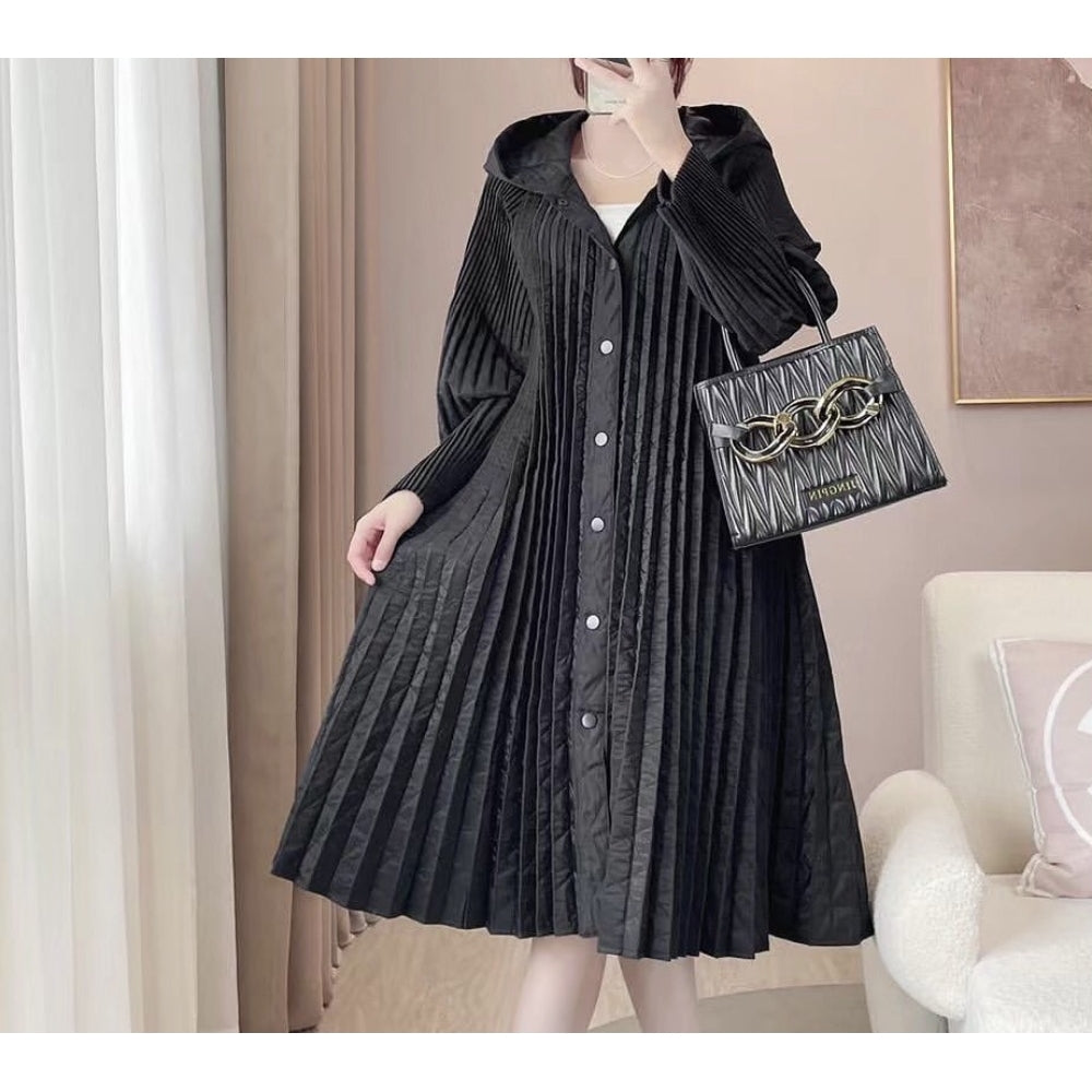 Orla black midi length pleated hooded coat