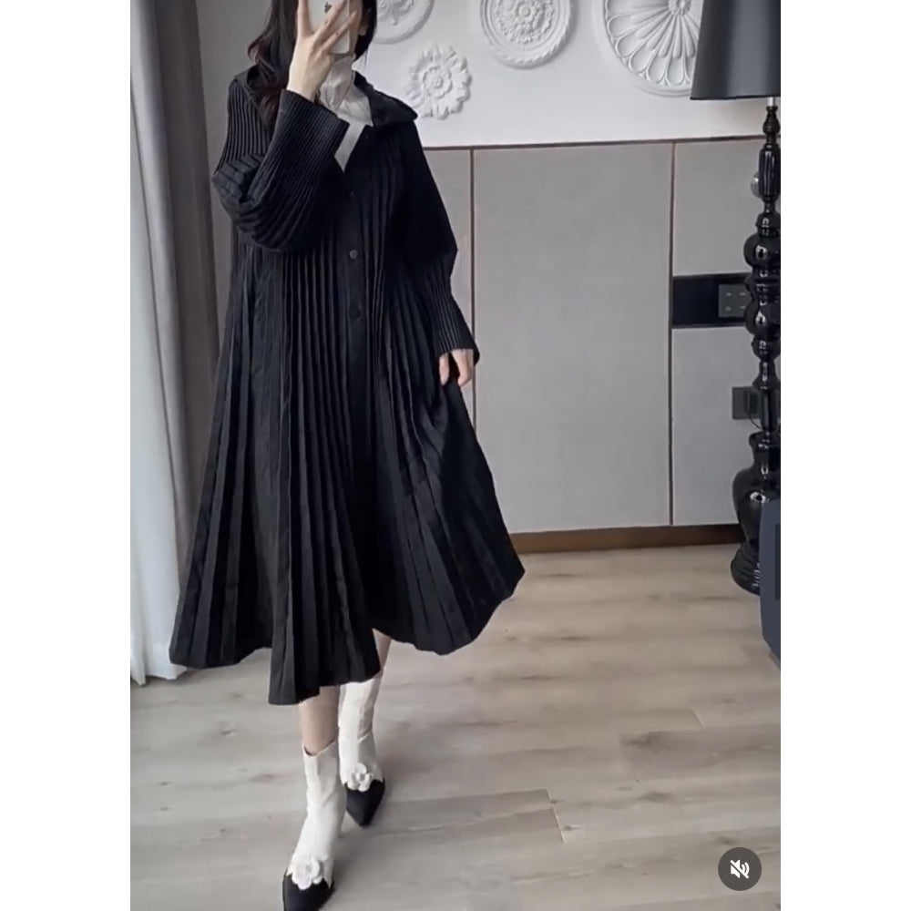 Orla black midi length pleated hooded coat
