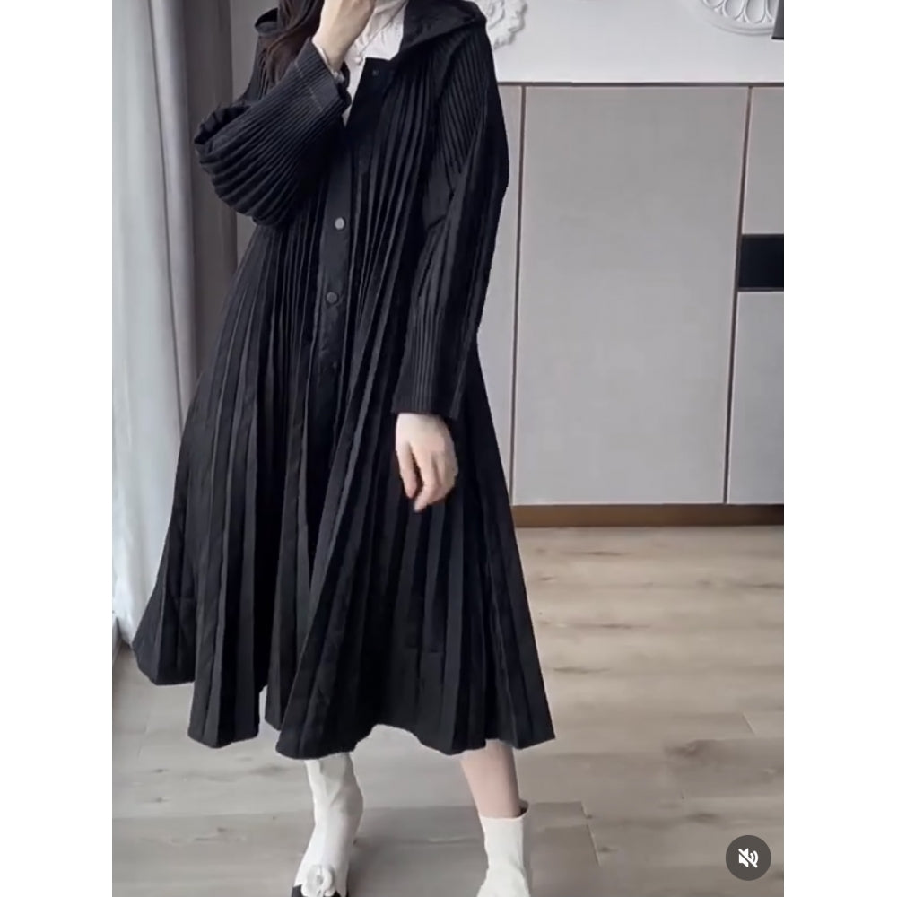 Orla black midi length pleated hooded coat