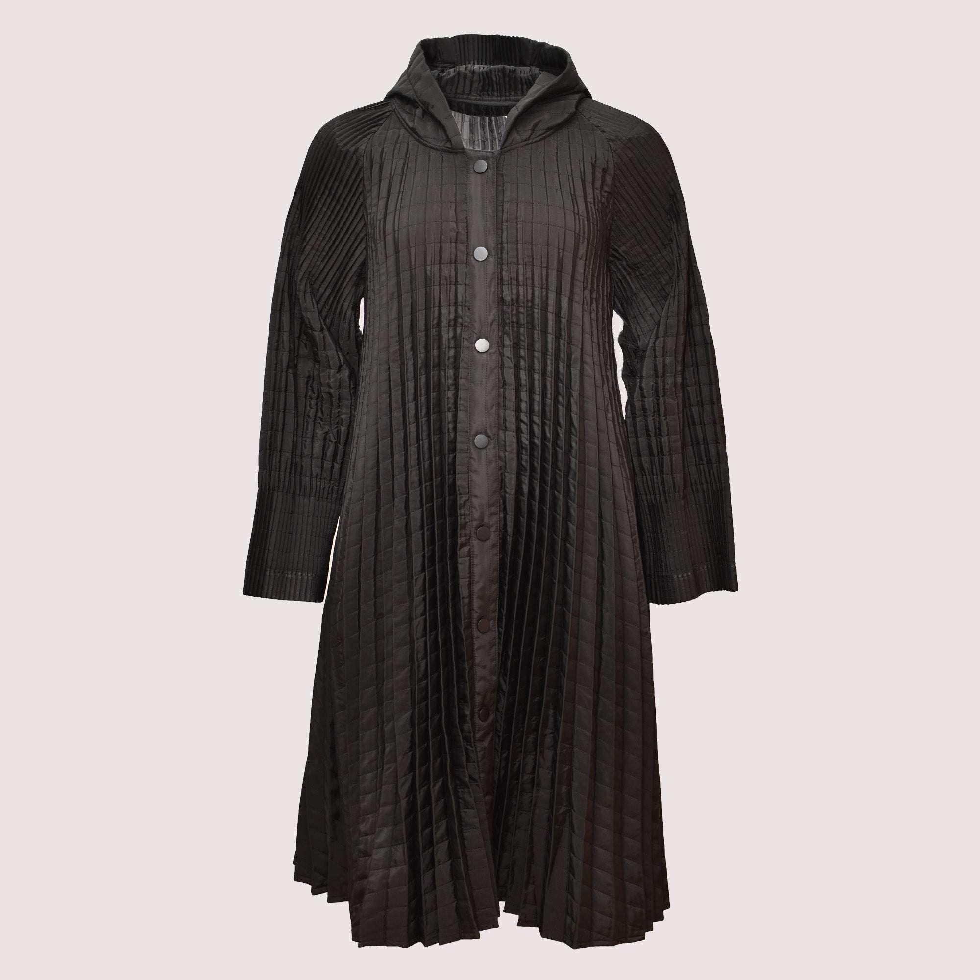 Orla black midi length pleated hooded coat