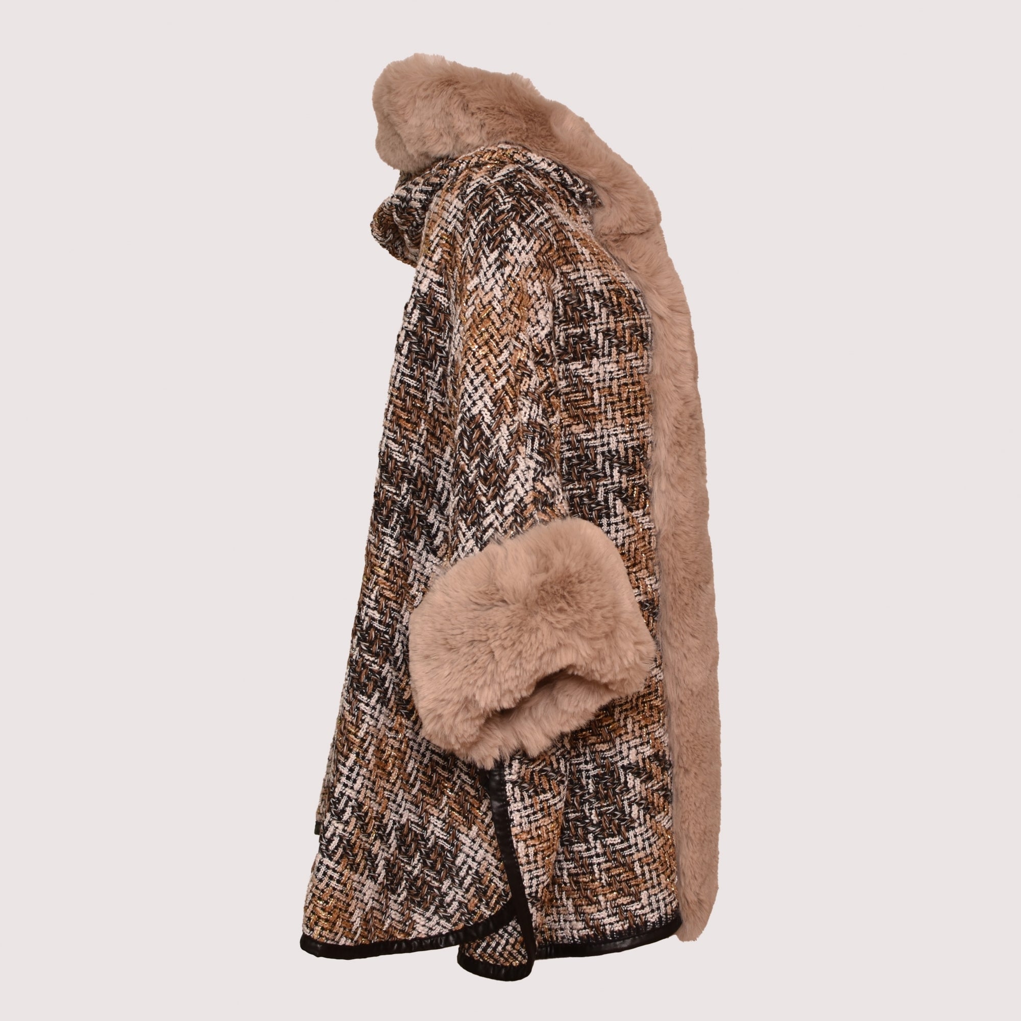 Tess black gold tweed faux fur hooded cape