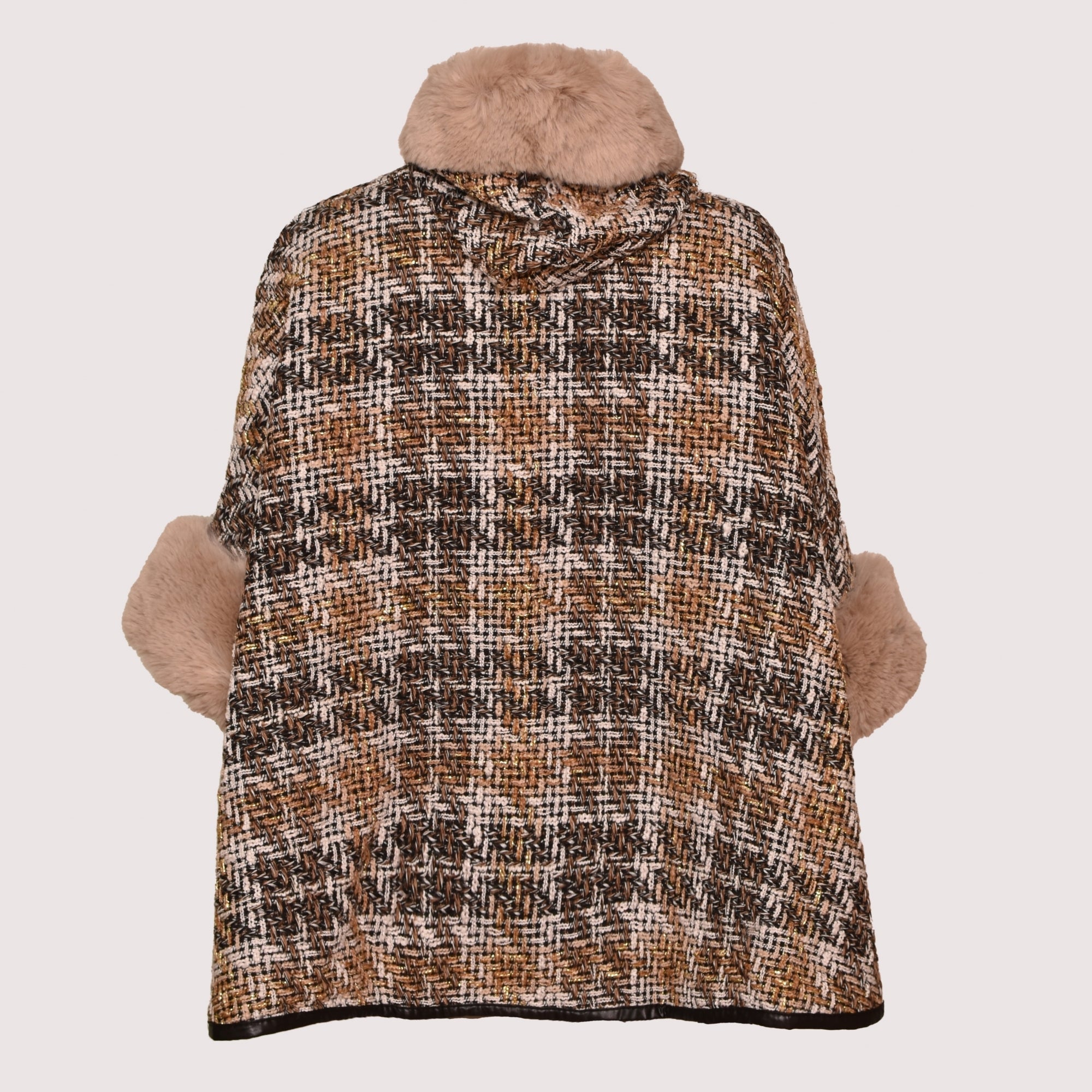 Tess black gold tweed faux fur hooded cape