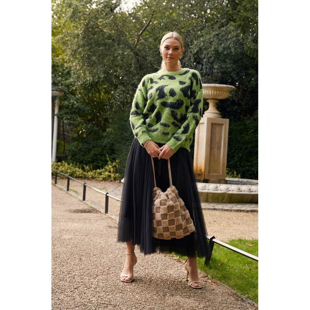 Fifi taupe check b faux furry bag