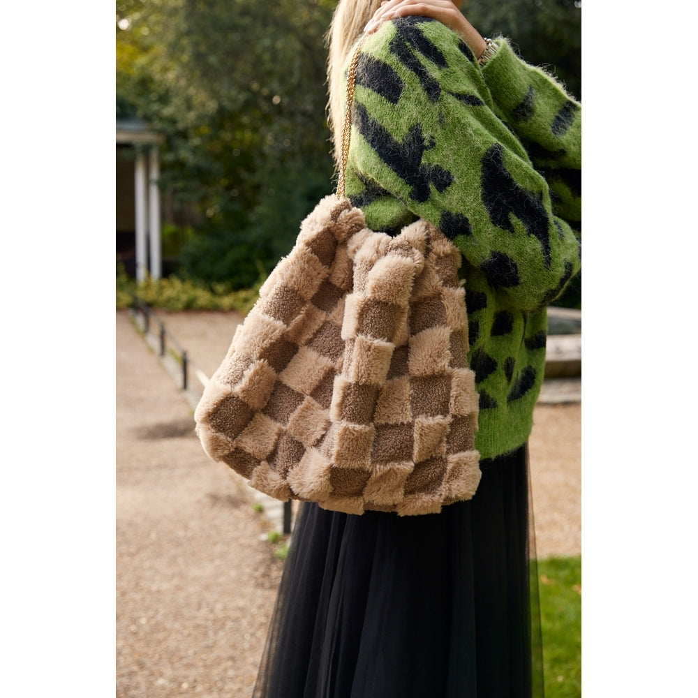 Fifi taupe check b faux furry bag