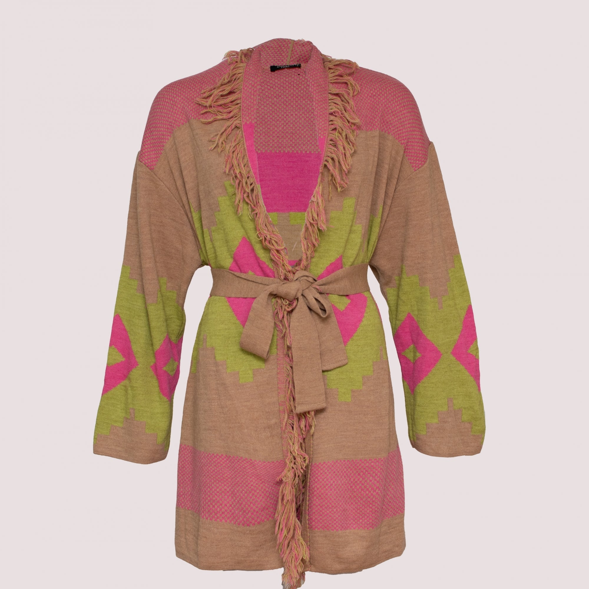 Lyla lime and cerise printed wool blend fringe cardigan