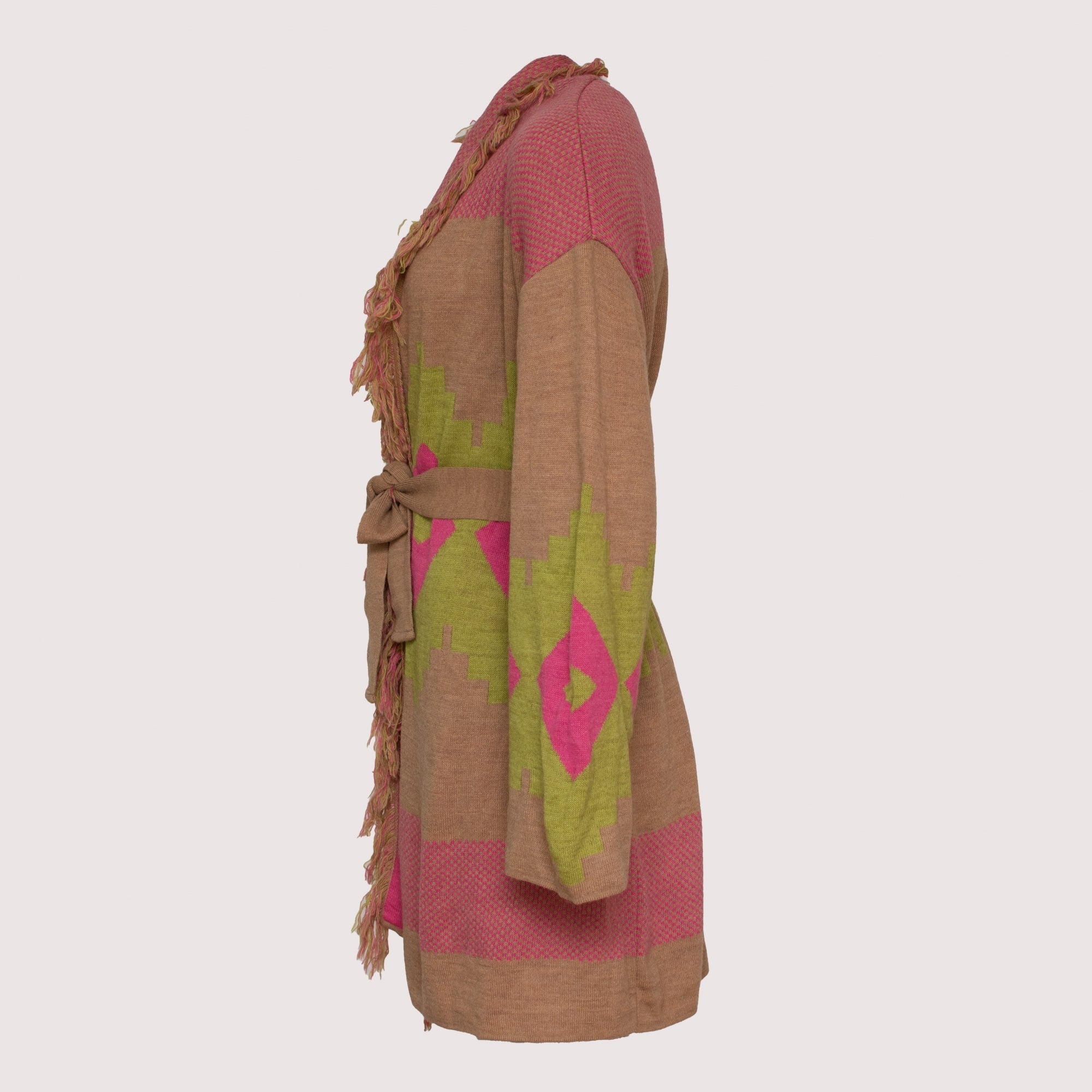 Lyla lime and cerise printed wool blend fringe cardigan