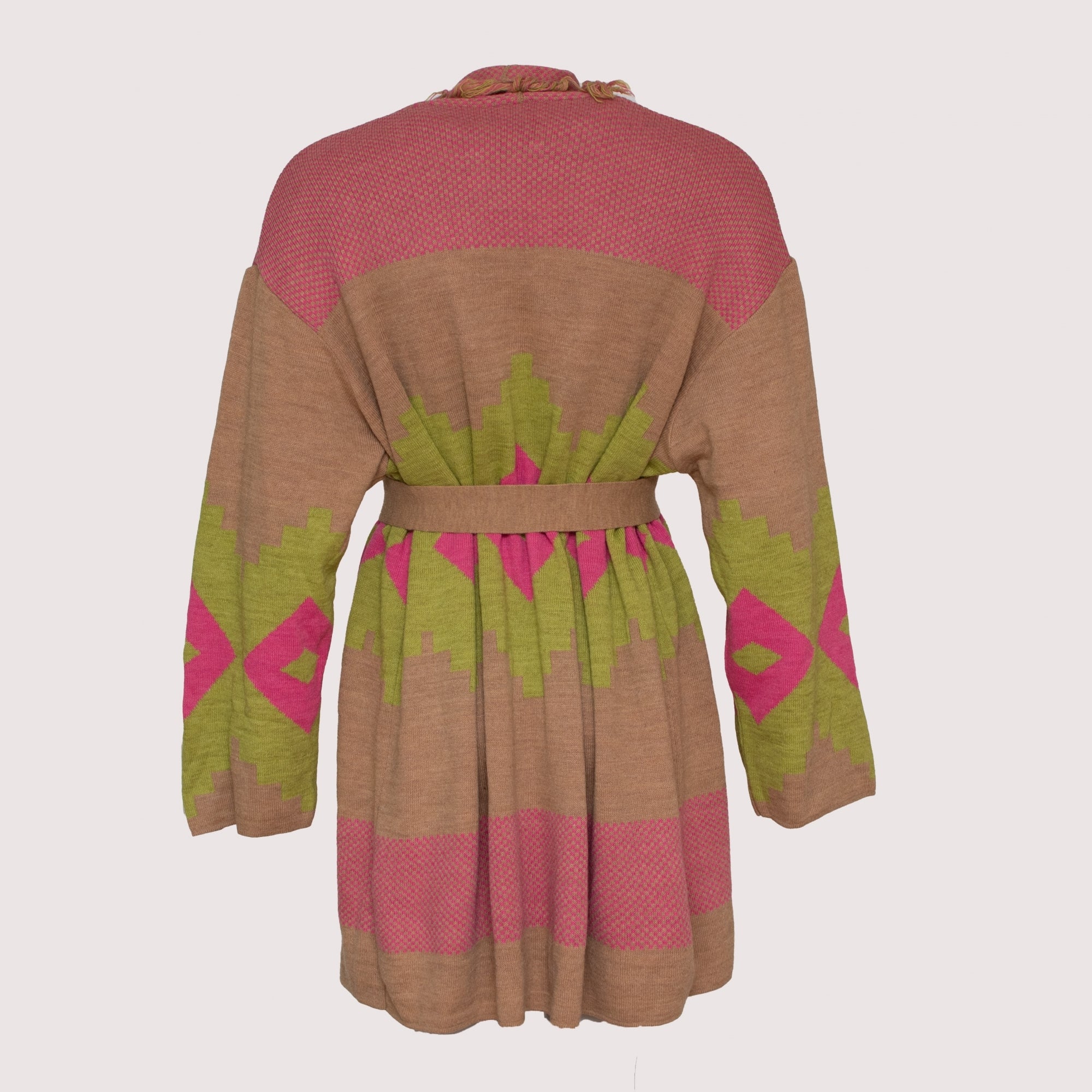 Lyla lime and cerise printed wool blend fringe cardigan