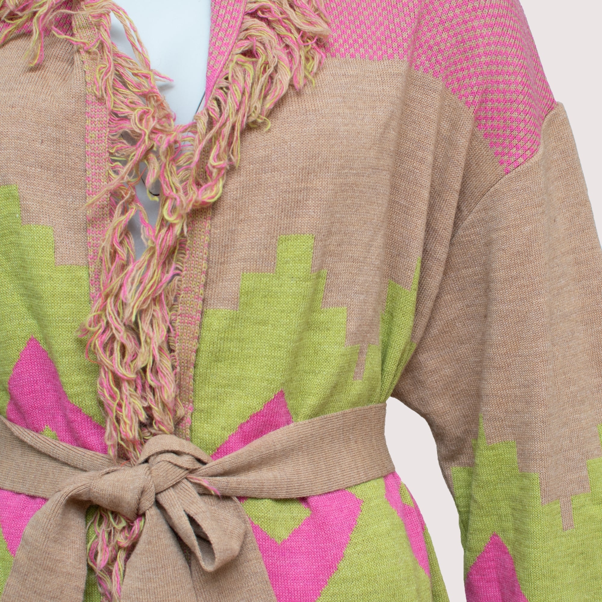 Lyla lime and cerise printed wool blend fringe cardigan