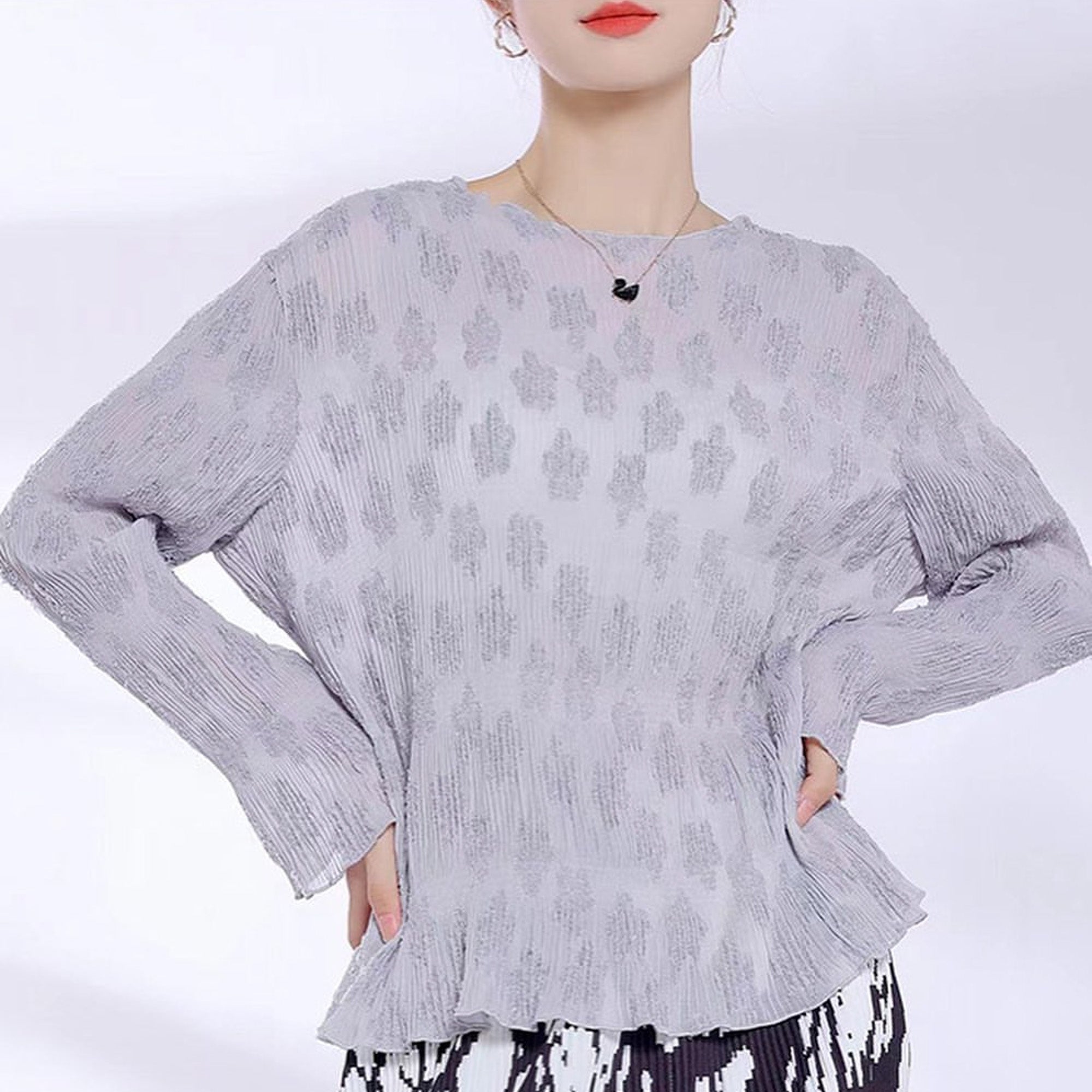 Alexa light denim feathered mesh top