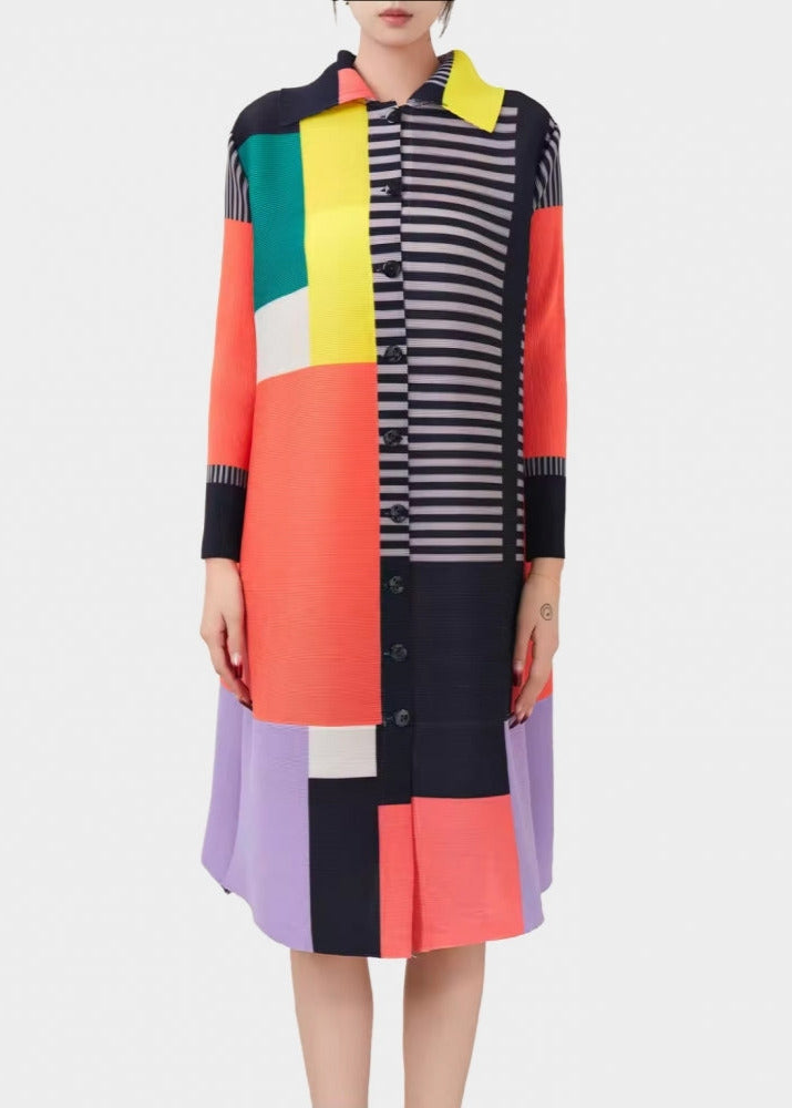 Mandy orange colourblock pleated midi length dress / coat