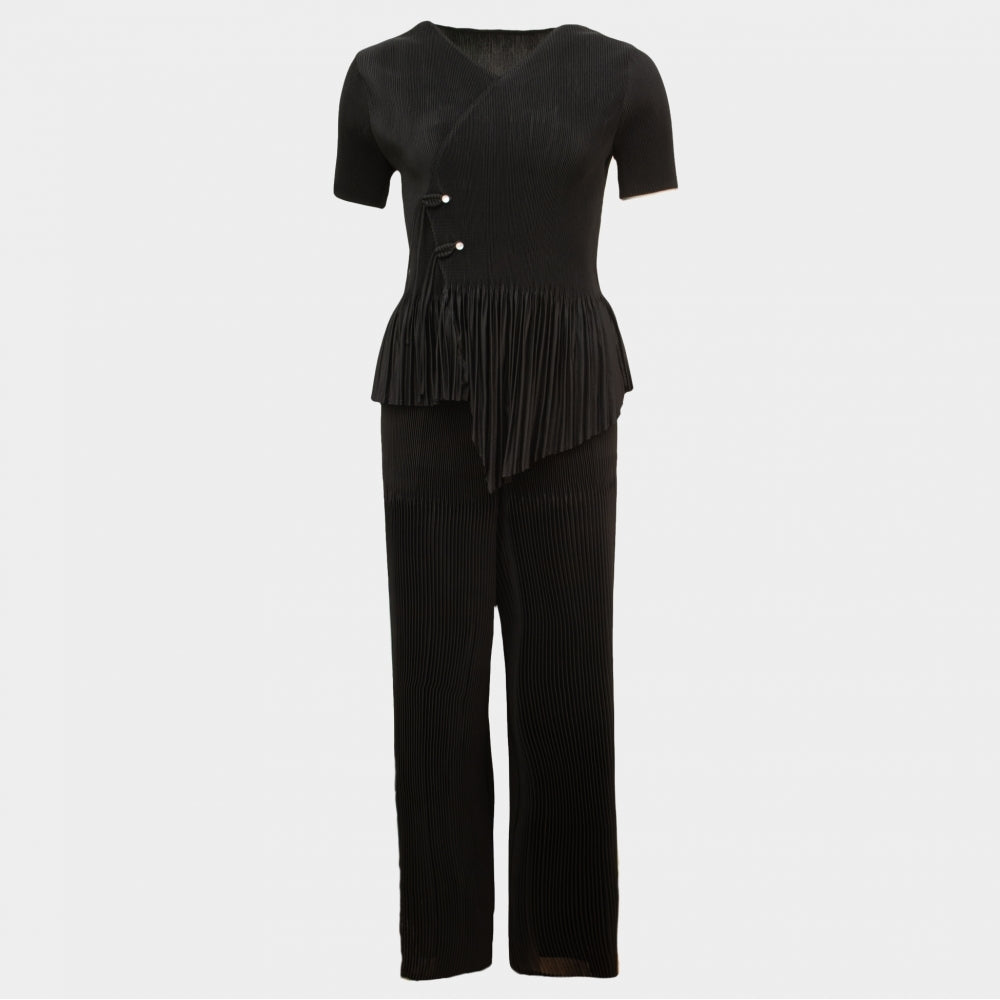 Anais black cross front frill hem pleat top