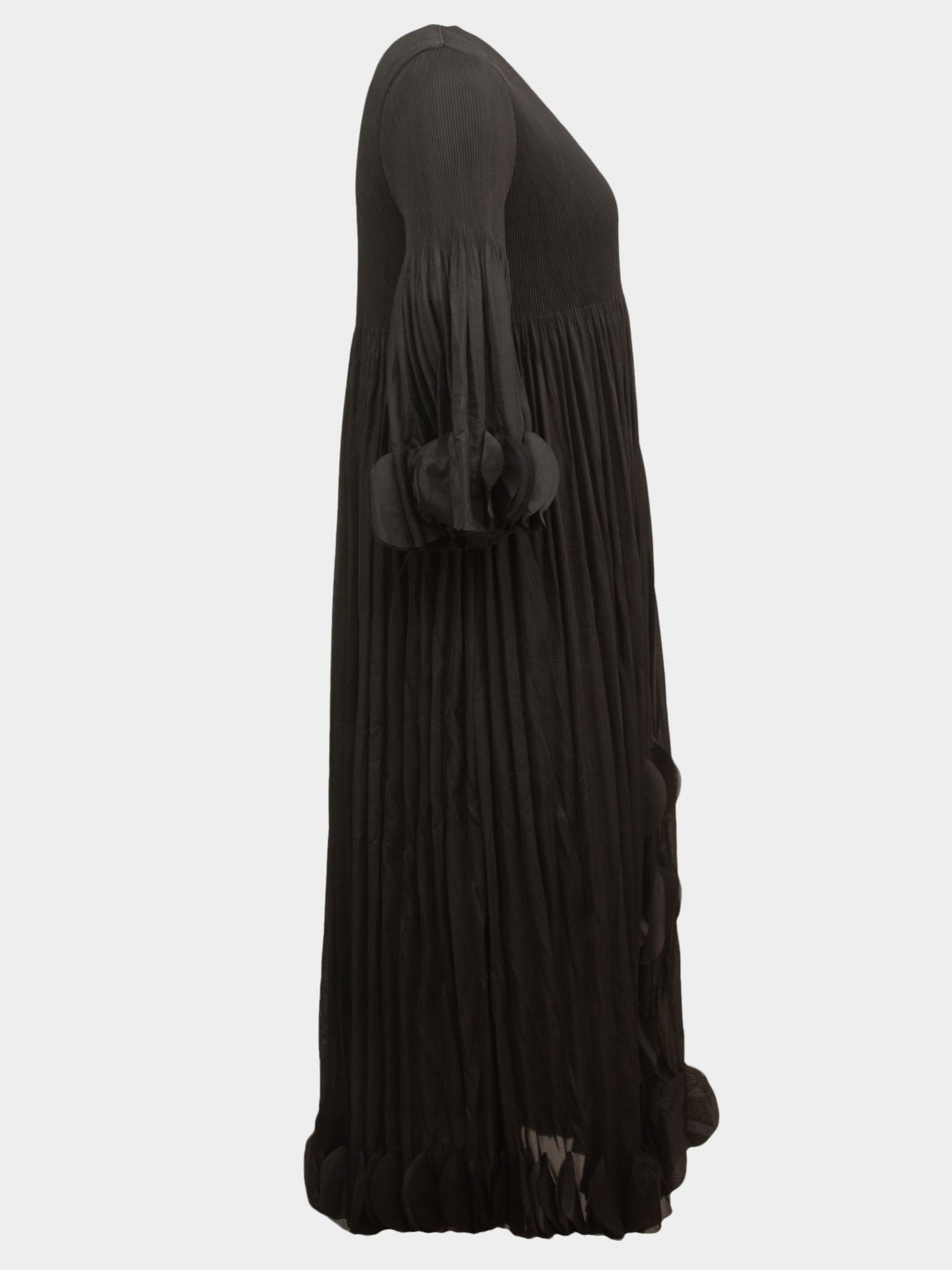 Ria black sccop neck midi length ruffle pleated dress