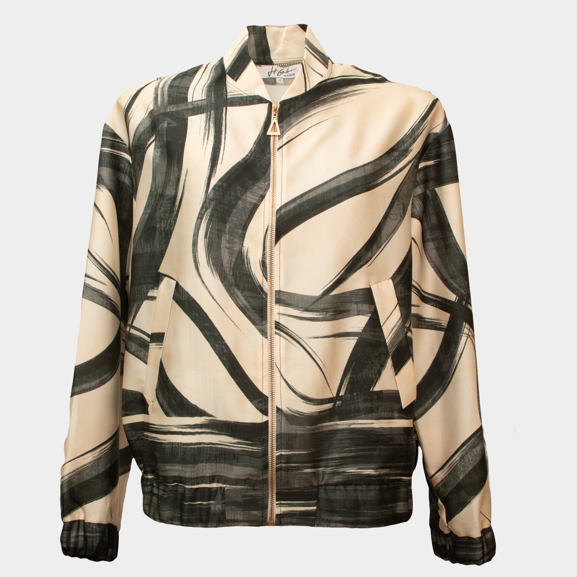 Bachata Cream brush stroke zip satin bomber jacket