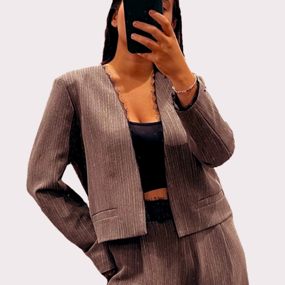 Van light brown pinstripe and lace edge to edge jacket