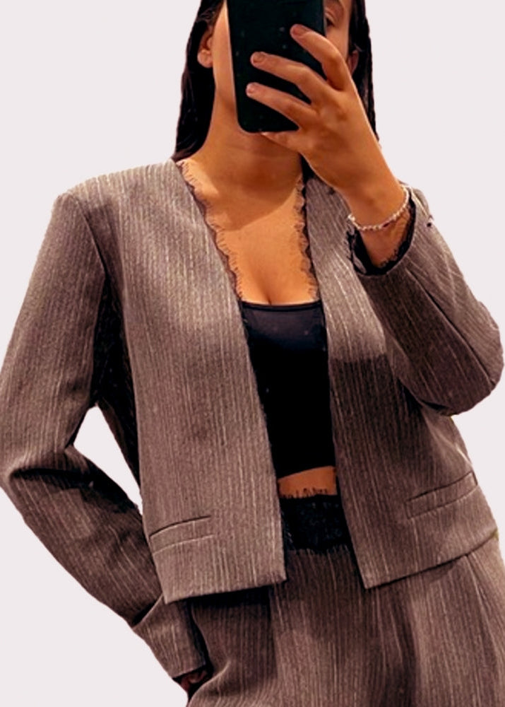 Van light brown pinstripe and lace edge to edge jacket