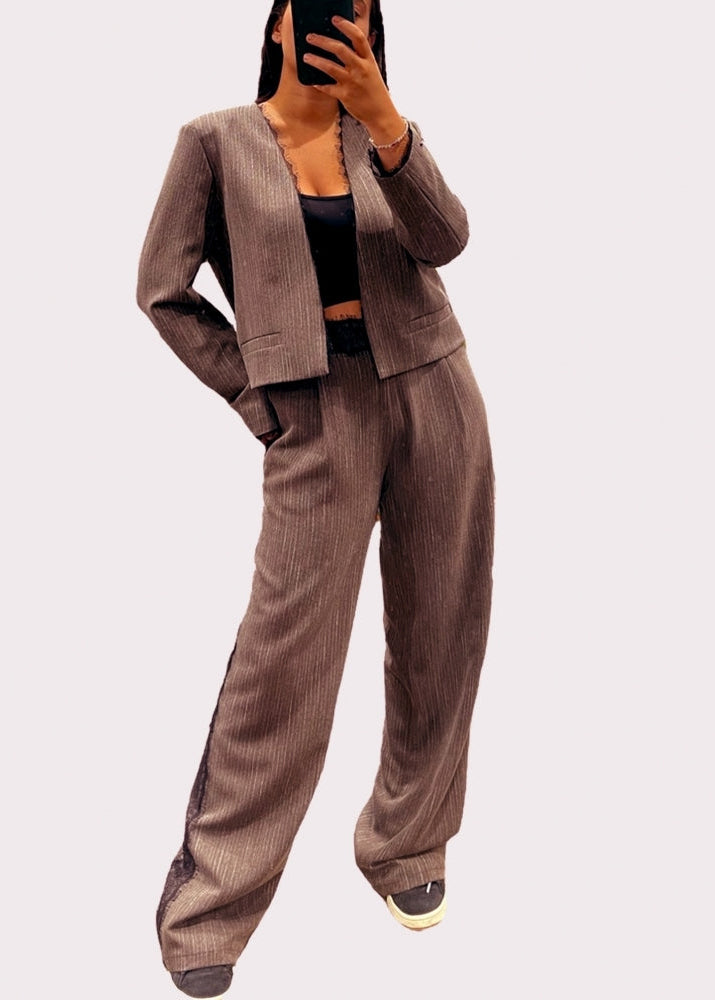 Van light brown pinstripe and lace edge to edge jacket