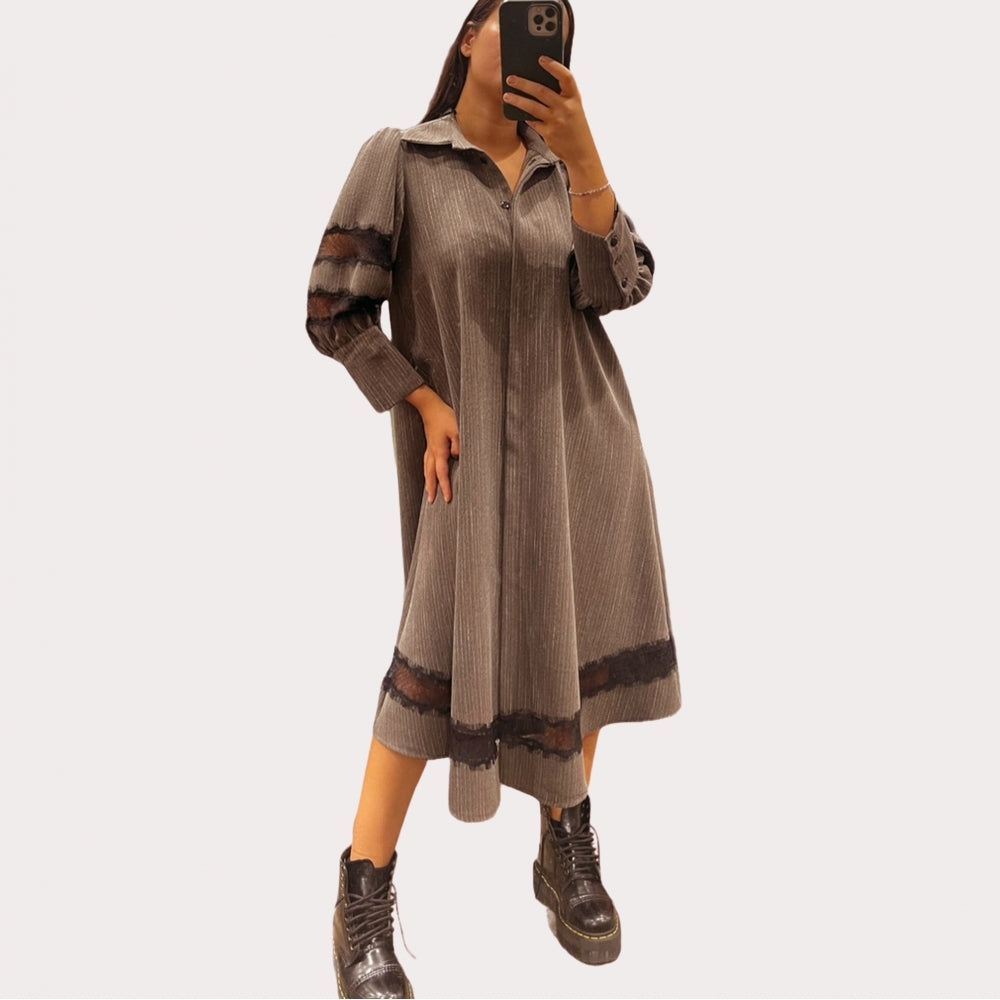Ray light brown pinstripe and lace dress