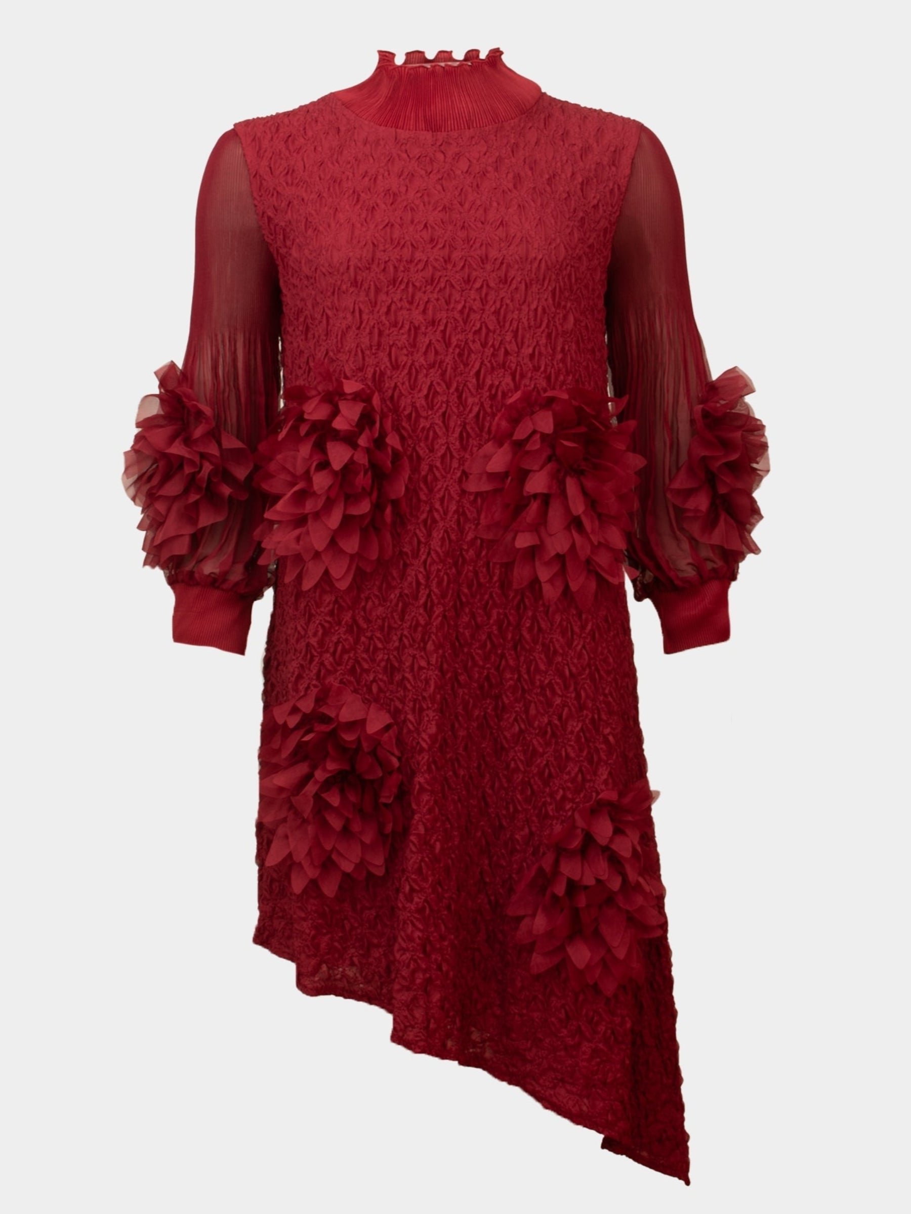 Petal claret red ruffle detail asymetric hem pleated dress