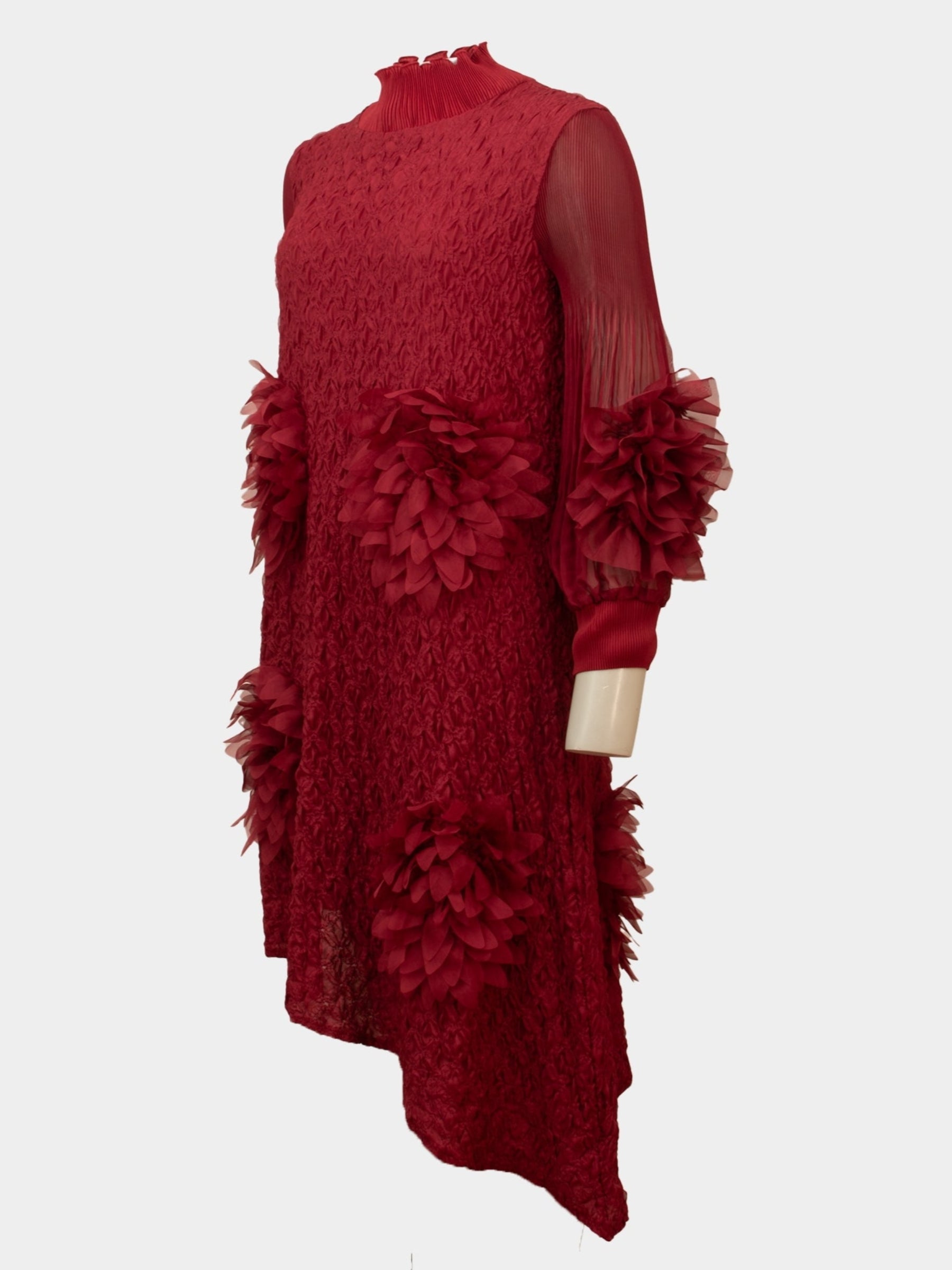 Petal claret red ruffle detail asymetric hem pleated dress