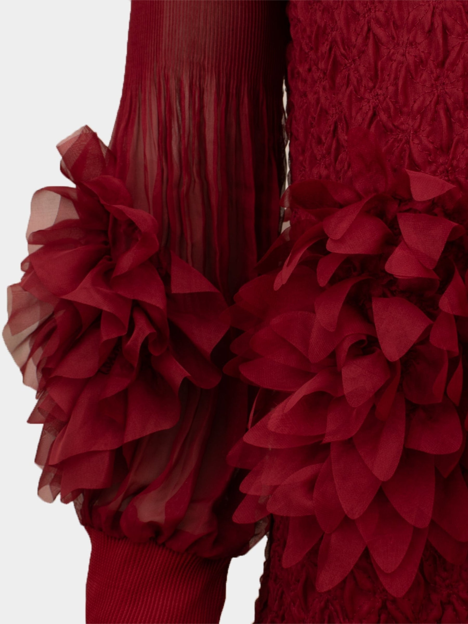 Petal claret red ruffle detail asymetric hem pleated dress