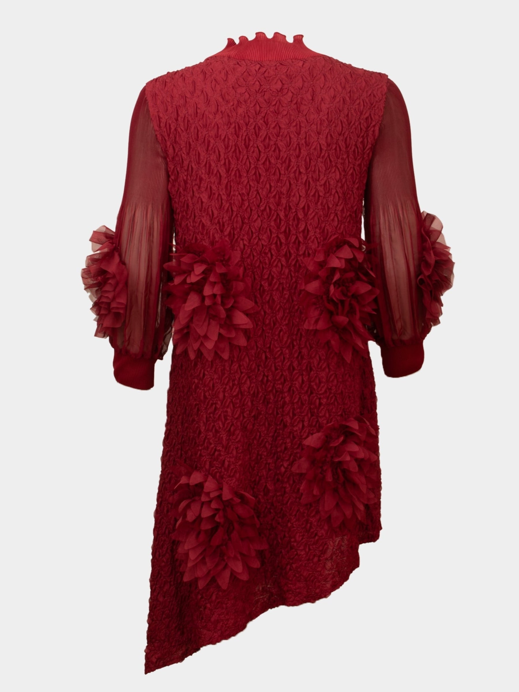 Petal claret red ruffle detail asymetric hem pleated dress