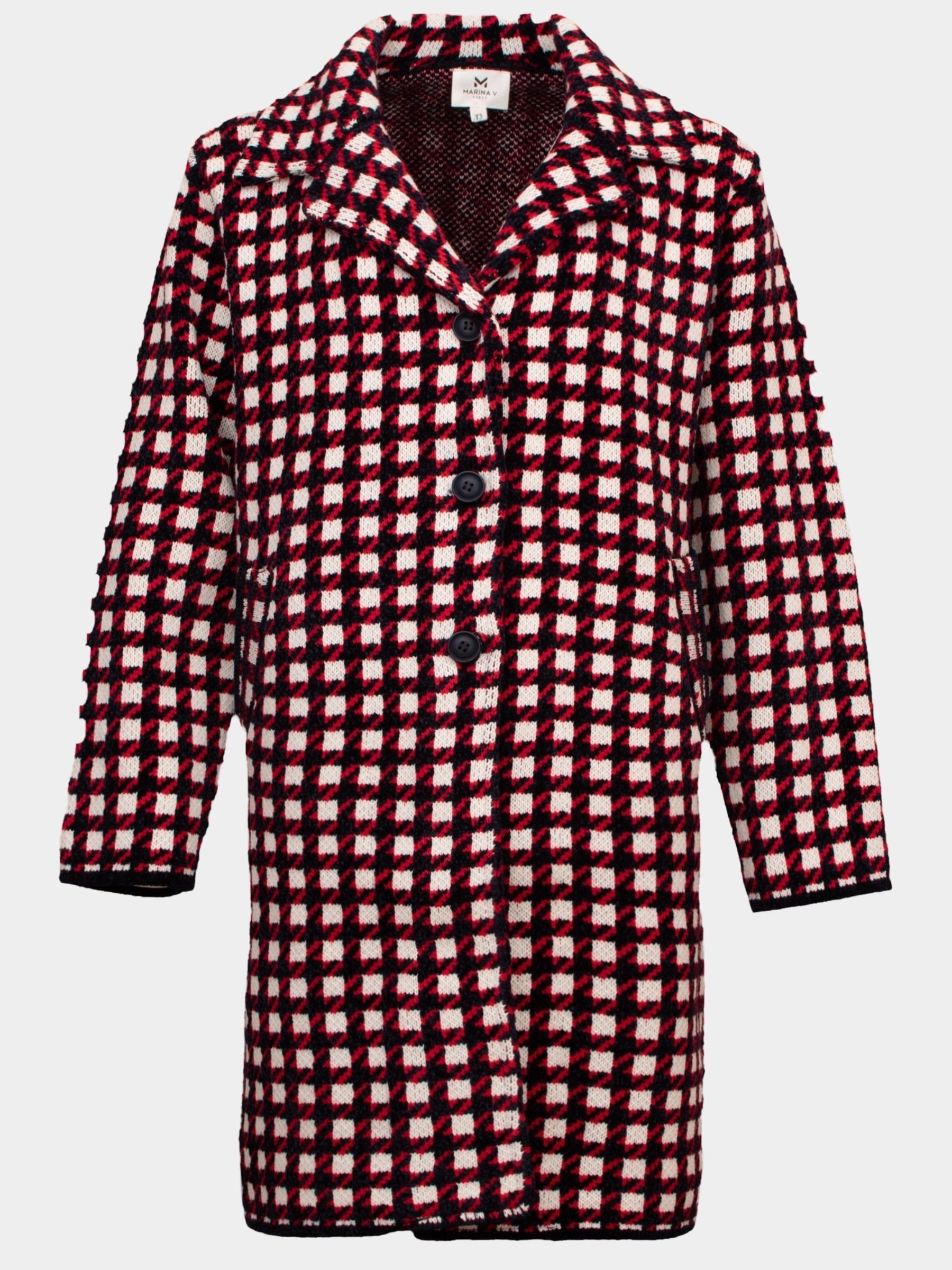 Libby red check midi length knitted coatigan
