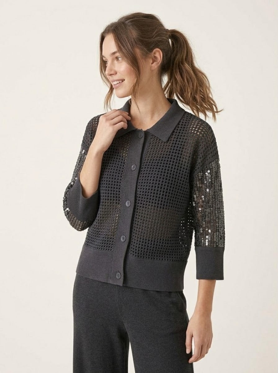 Model wearing the Janey charcoal sequin cardigan, front view
