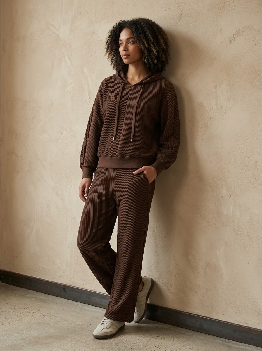 Model wearing chocolate Sunday pleated trousers, standing side view