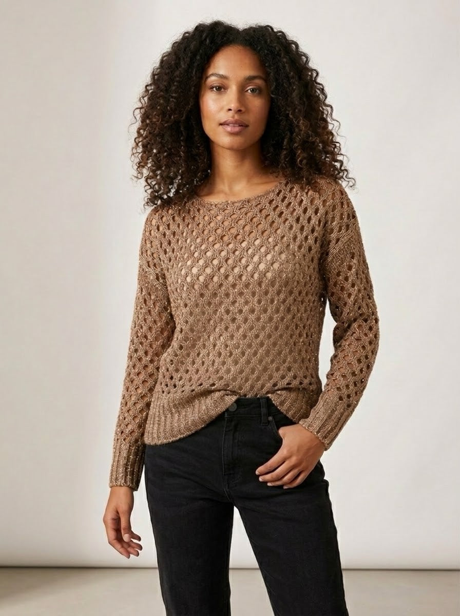 Model wearing the Barbados bronze slash-neck jumper, front view
