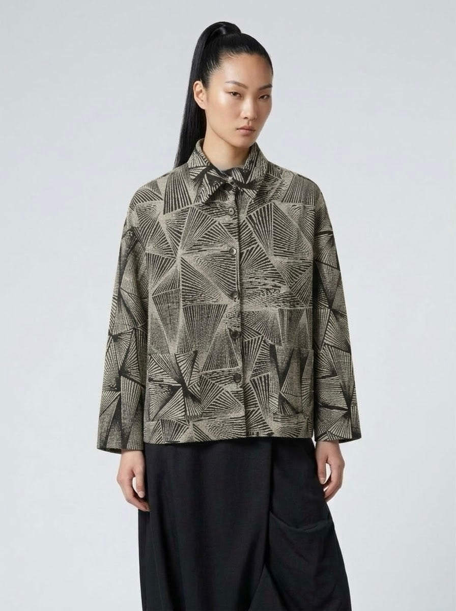 Model wearing Shirley fan print jacket in black, front view