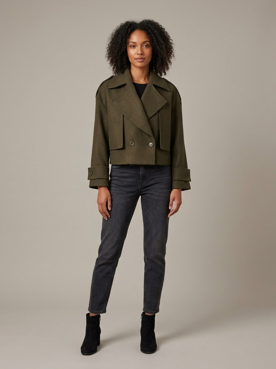 Front view of Rosa khaki double-breasted trench jacket