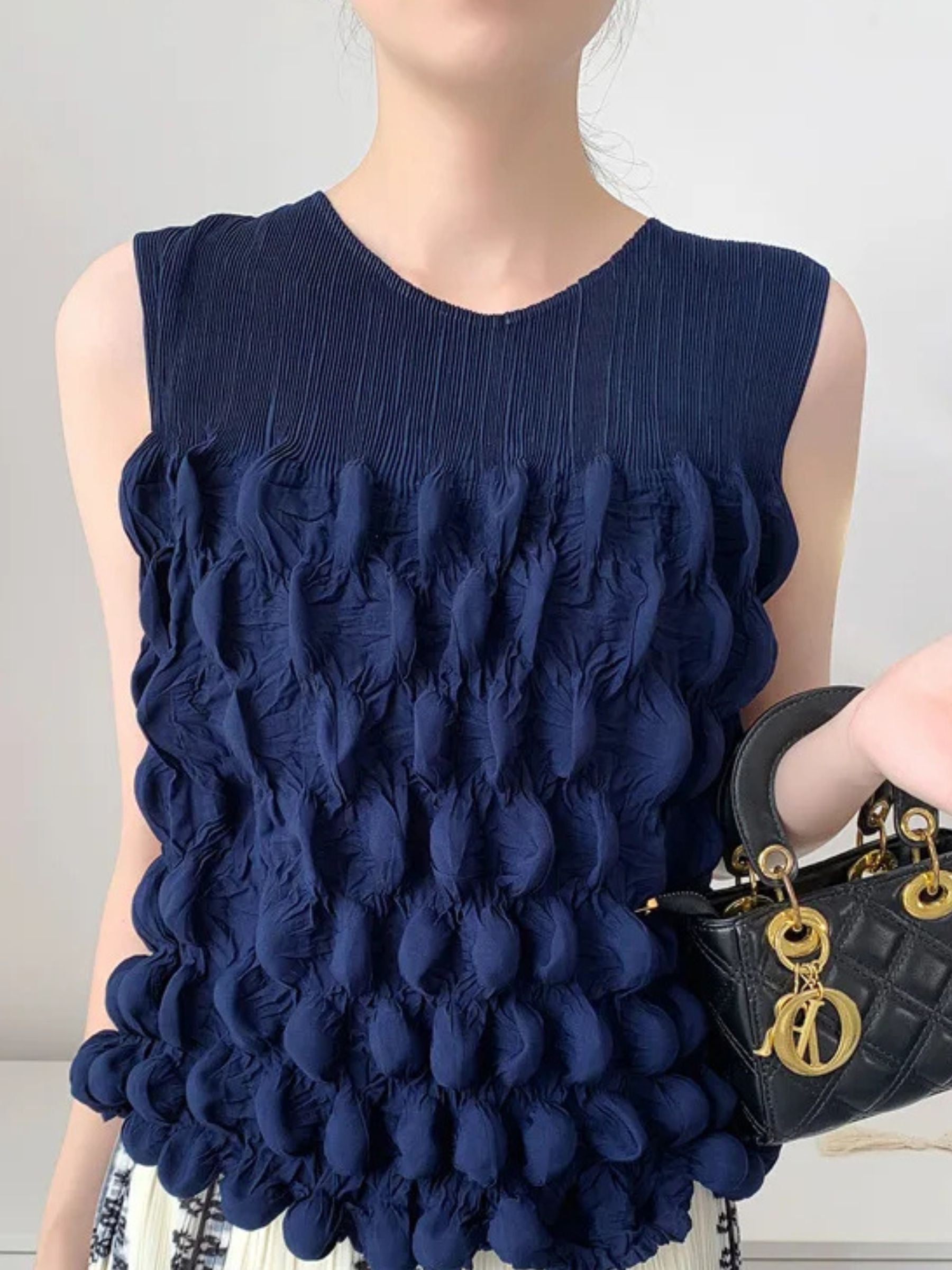 Marsha- Bubble pleated sleeveless top Navy