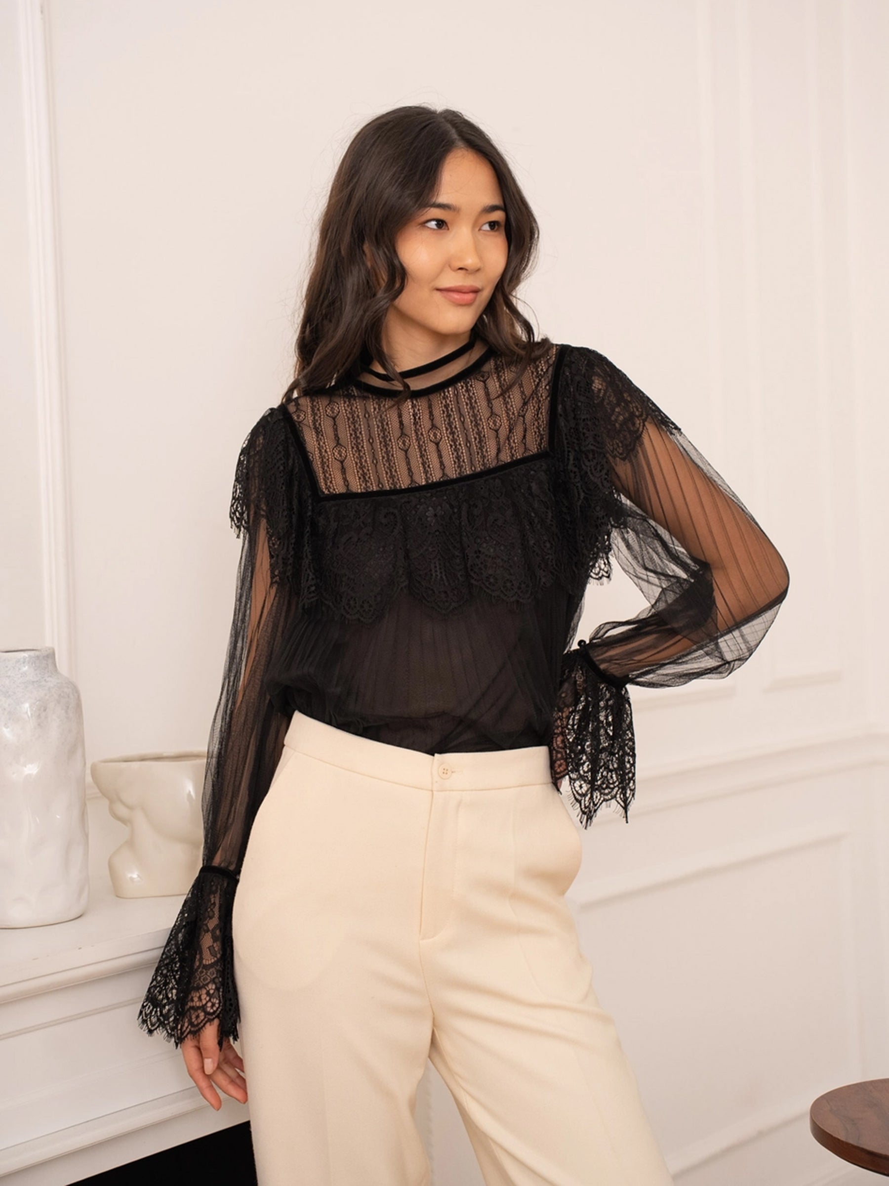 Sadie - Velvet & Lace pleated top