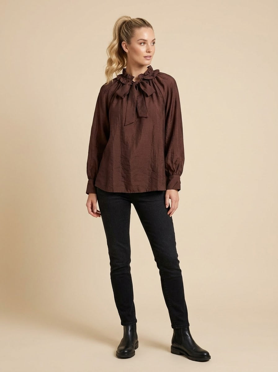 Front view of Ariel chocolate loose-fit blouse