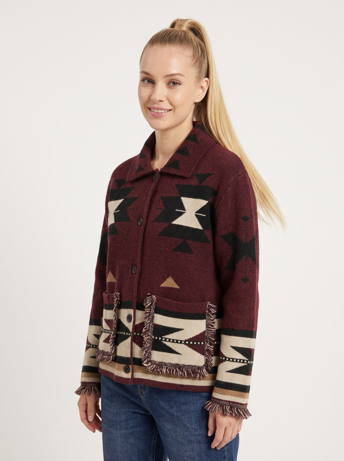 Sienna burgundy Navajo-inspired cardigan worn on model