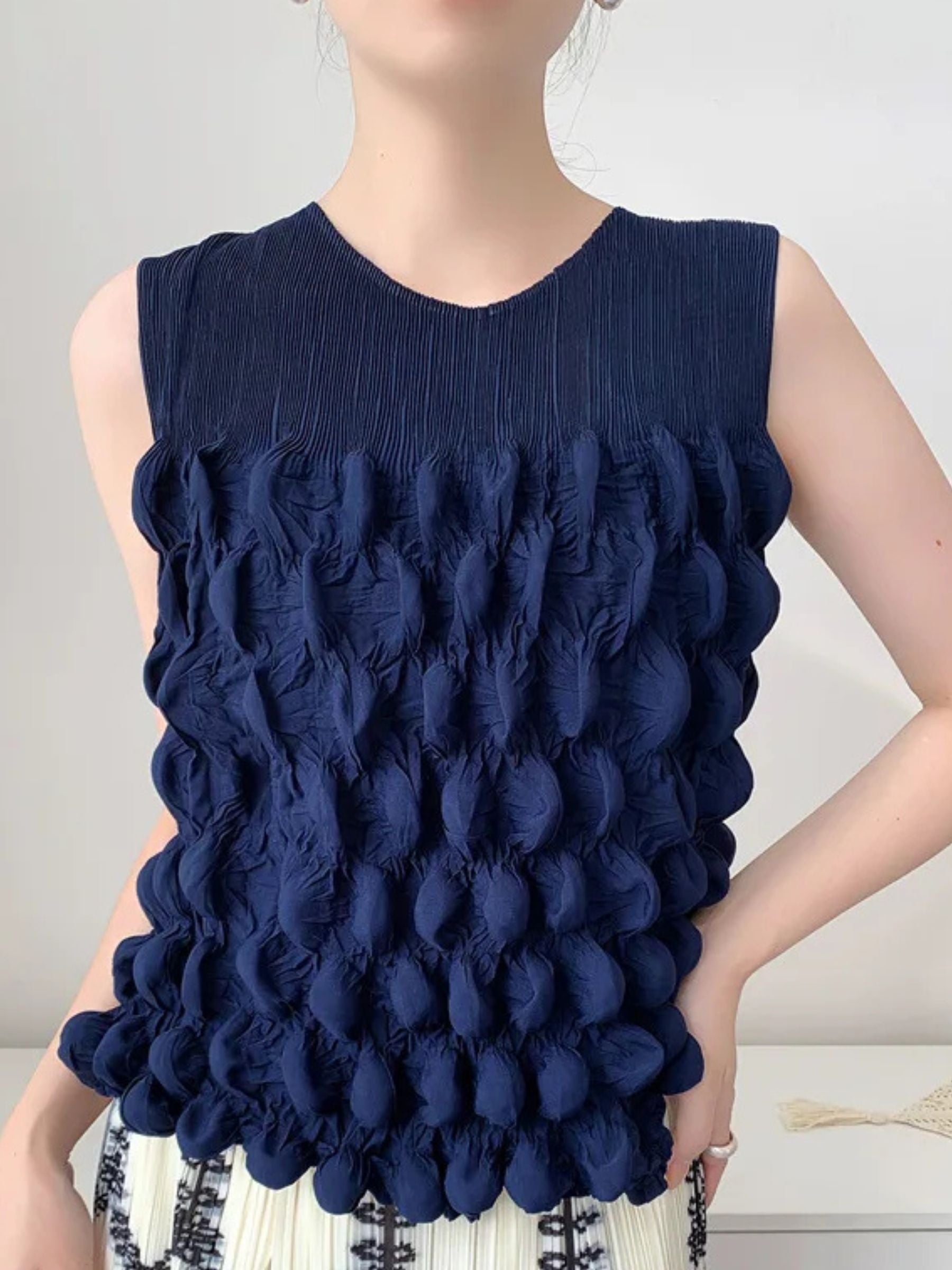 Marsha- Bubble pleated sleeveless top Navy