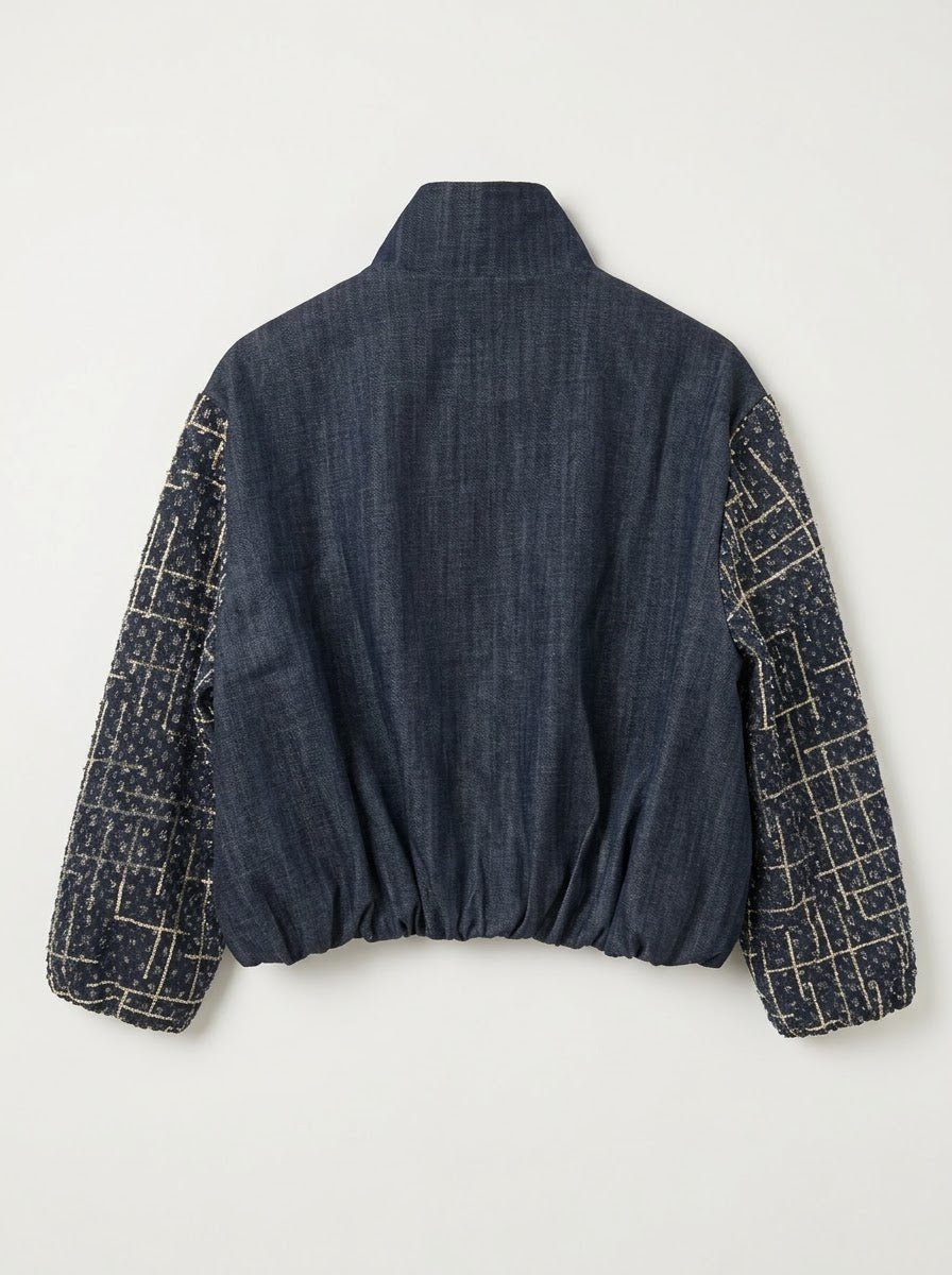 Priscilla sequin sleeve denim bomber jacket, back product view