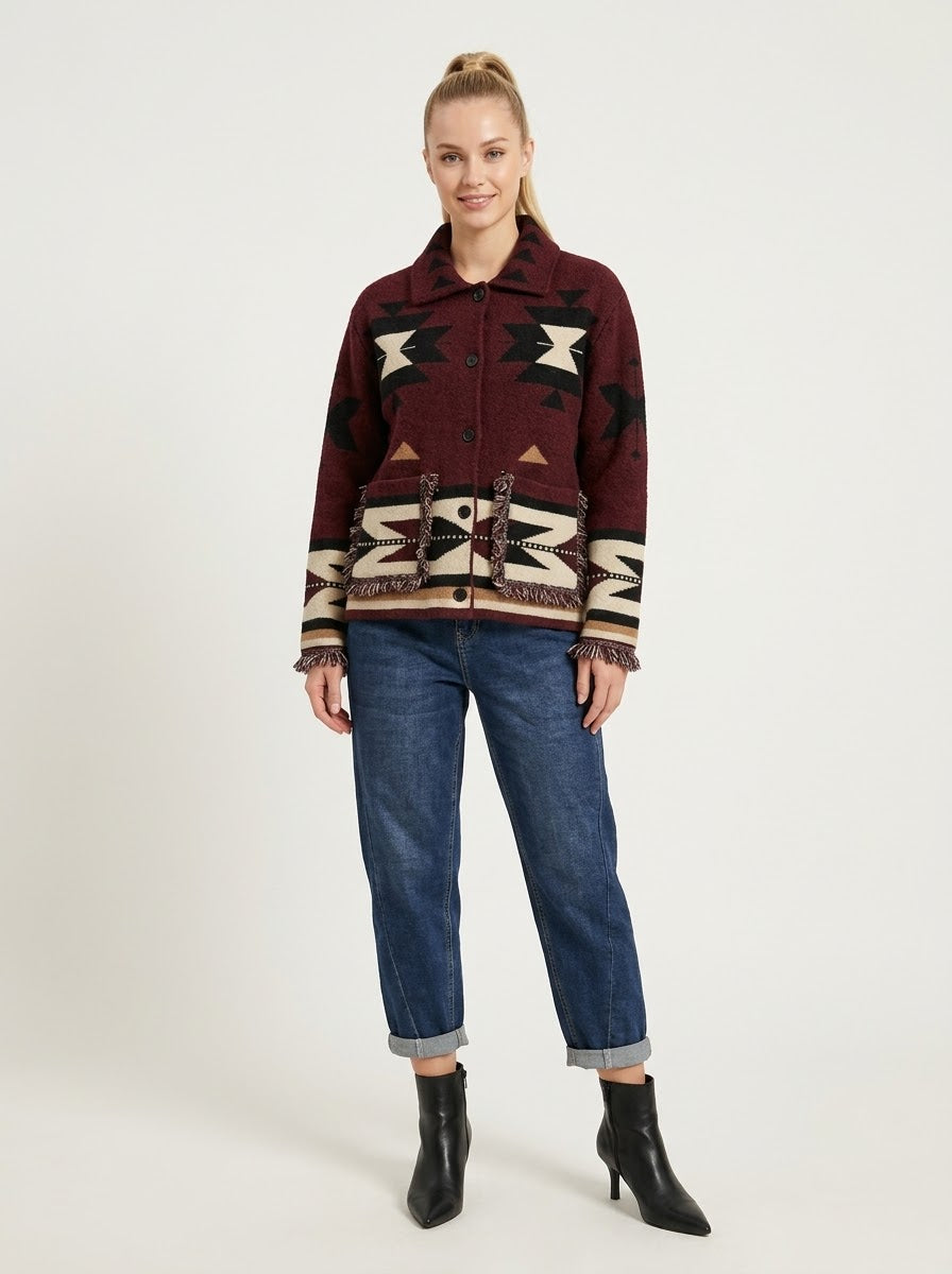 Sienna burgundy wool and cashmere blend cardigan with fringe trim