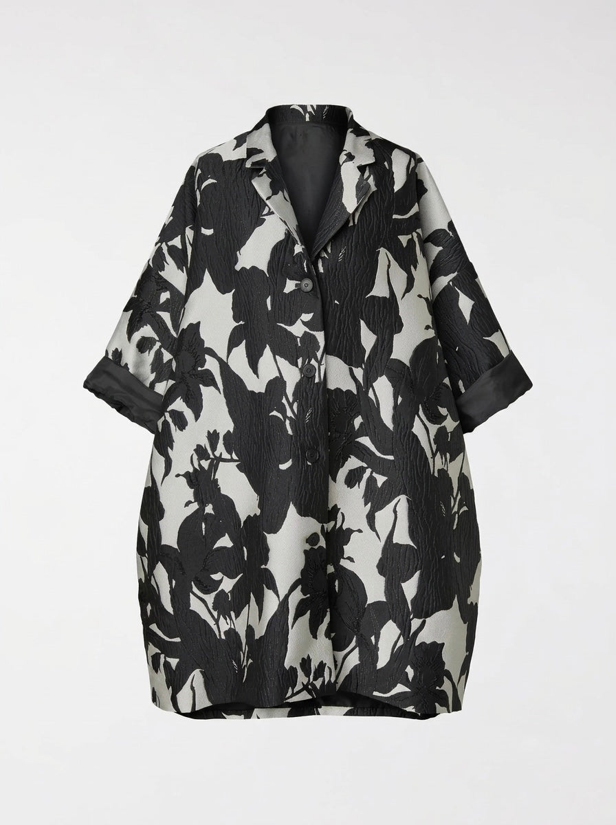 Delani black-and-cream floral cocoon coat, front product view
