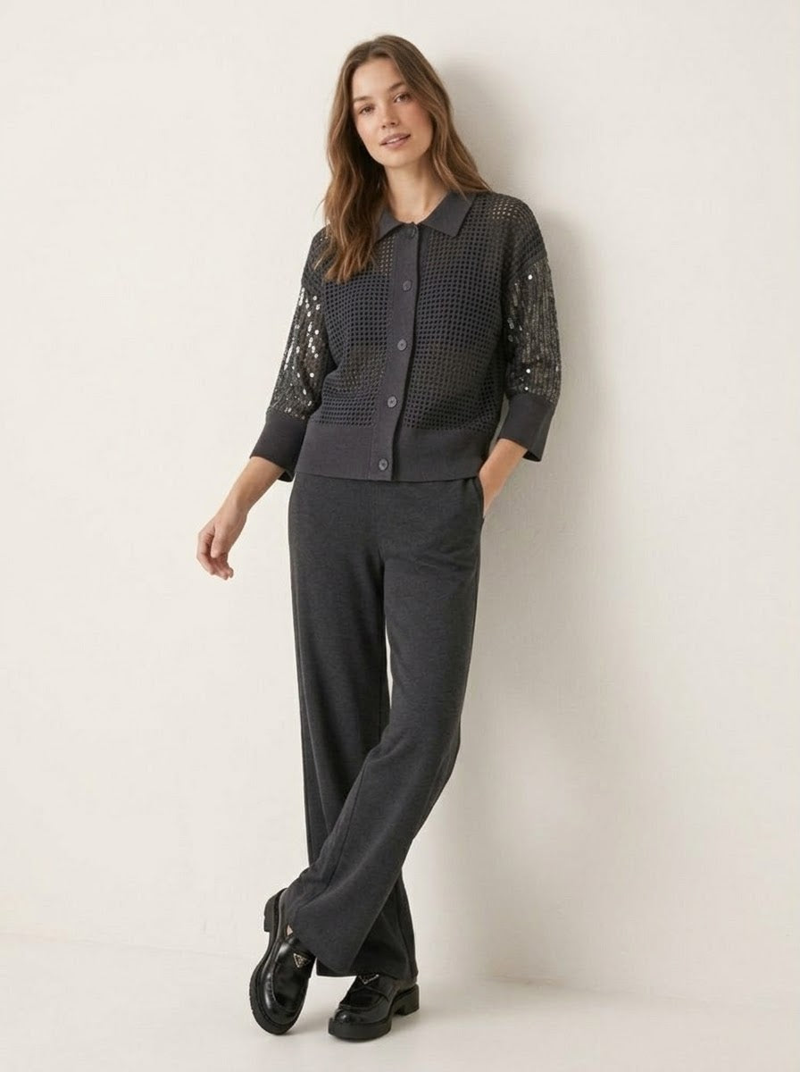 Janey charcoal sequin cardigan styled with matching knitted trousers