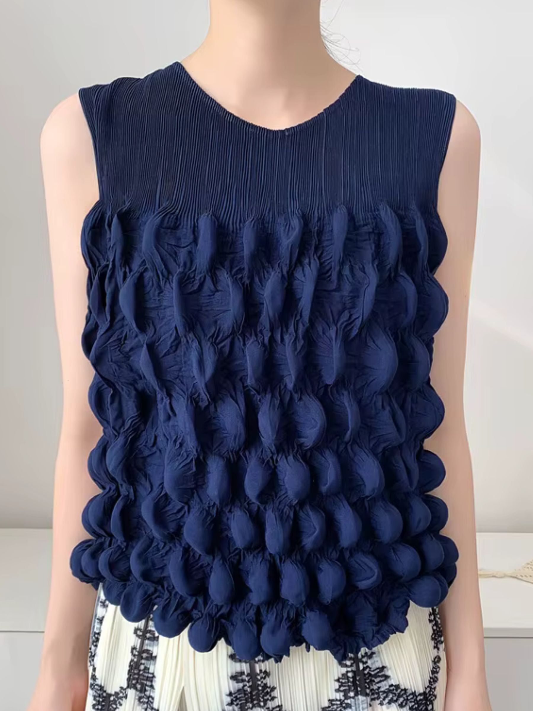 Marsha- Bubble pleated sleeveless top Navy
