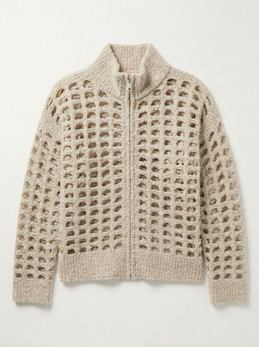 Meera stone open-weave cardigan styled with the Zoe pleather skirt