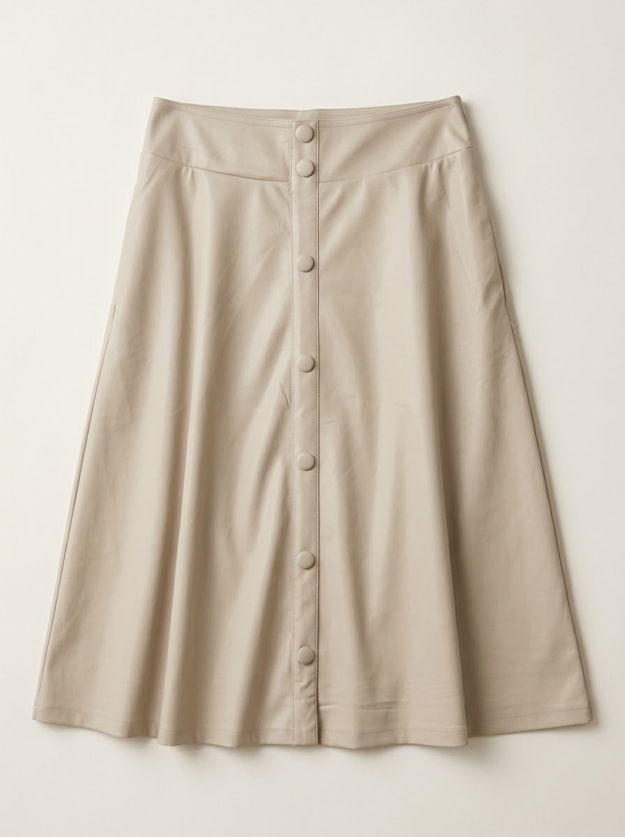 Front view of the Zoe stone pleather skirt showing its faux buttons and pockets