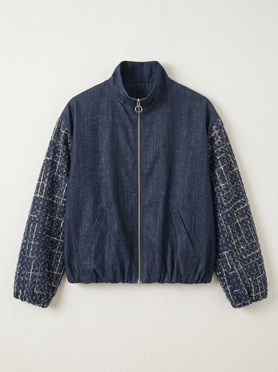 Priscilla sequin sleeve denim bomber jacket, front product view