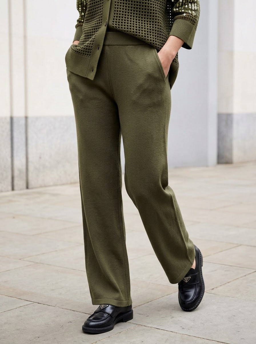 Model wearing the Abigail khaki knitted wide-leg trousers