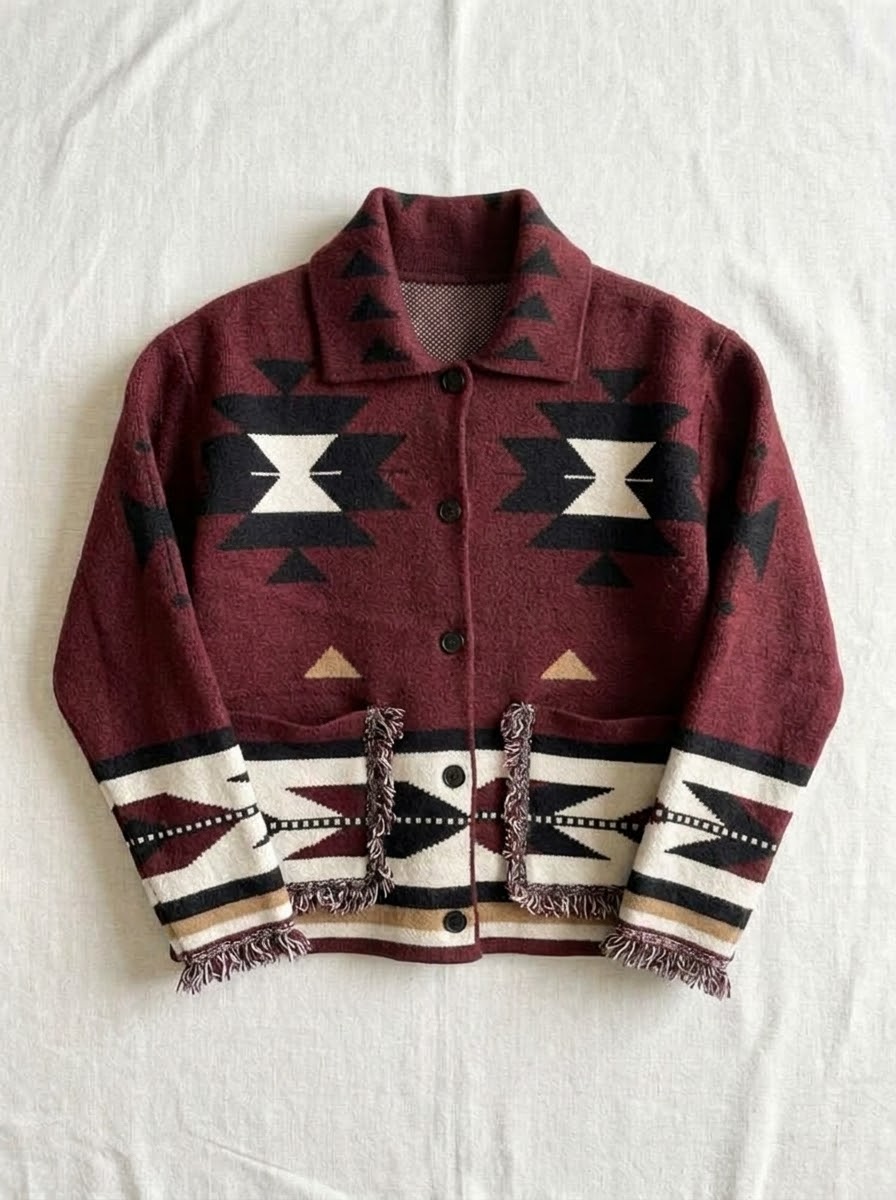 Sienna burgundy geometric cardigan with fringed pockets