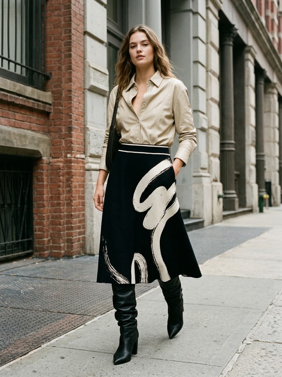 Model wearing the Hilda black printed knitted skirt with a stone shirt